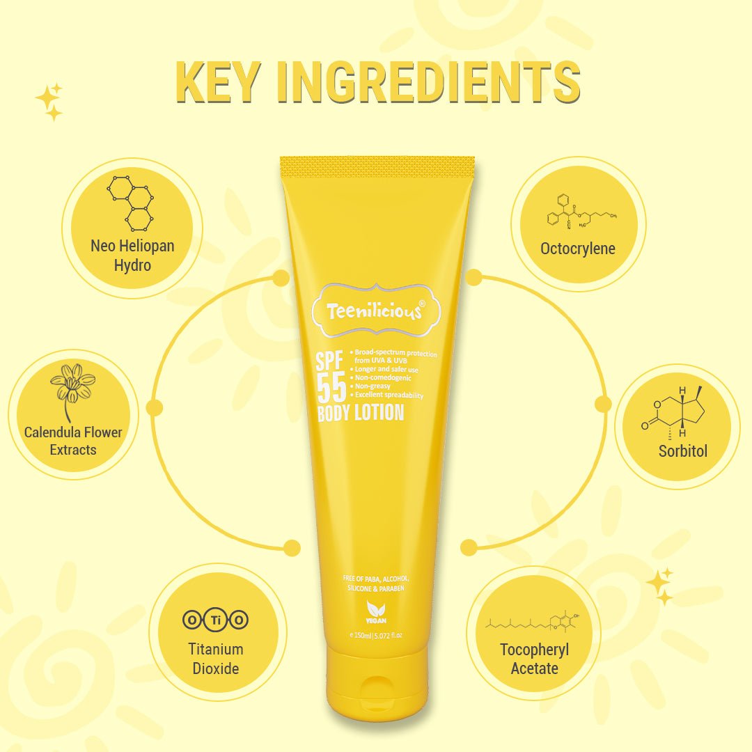 Teenilicious SPF 55 Sunscreen Body Lotion, SPF 50 PA+++, Sunscreen for Oily Skin and Sensitive Skin 150ml