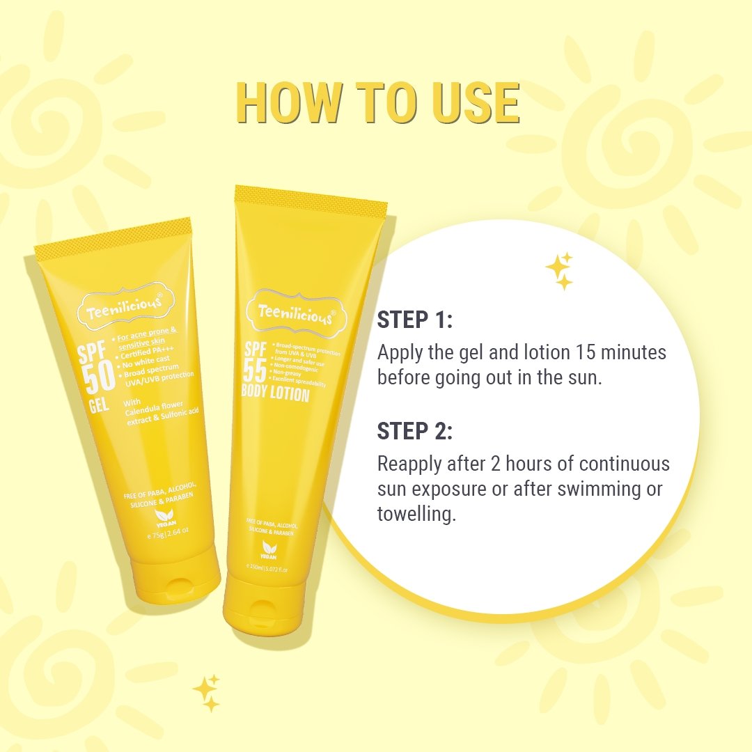 Teenilicious SPF Sunscreen Kit, Face Gel + Body Lotion, Broad Spectrum PA+++ ,No White Cast, Light Weight